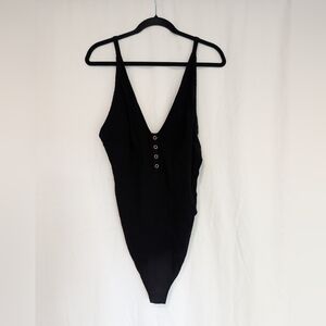 Free People Black Scoop Neck Bodysuit with Logo Tag